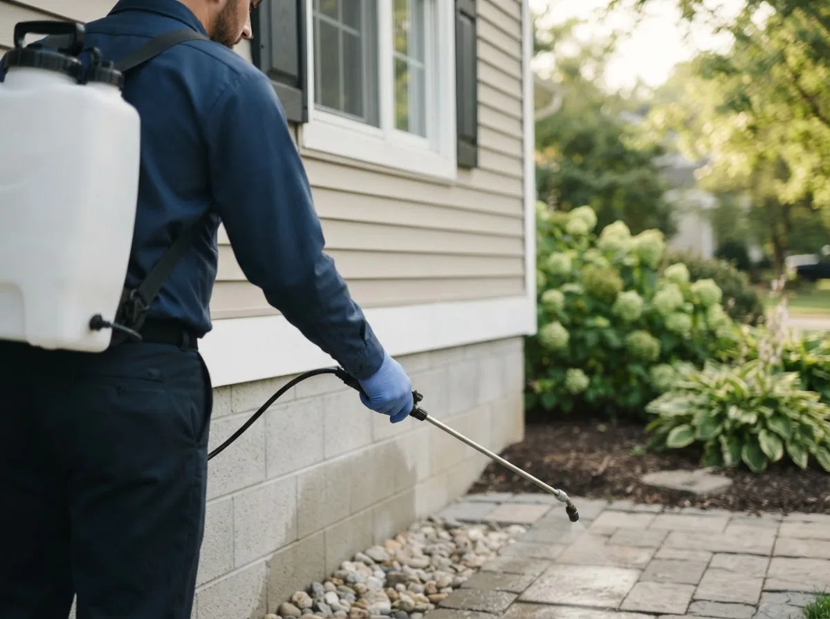 Pest control technician inspecting a home in Stephenson, MI